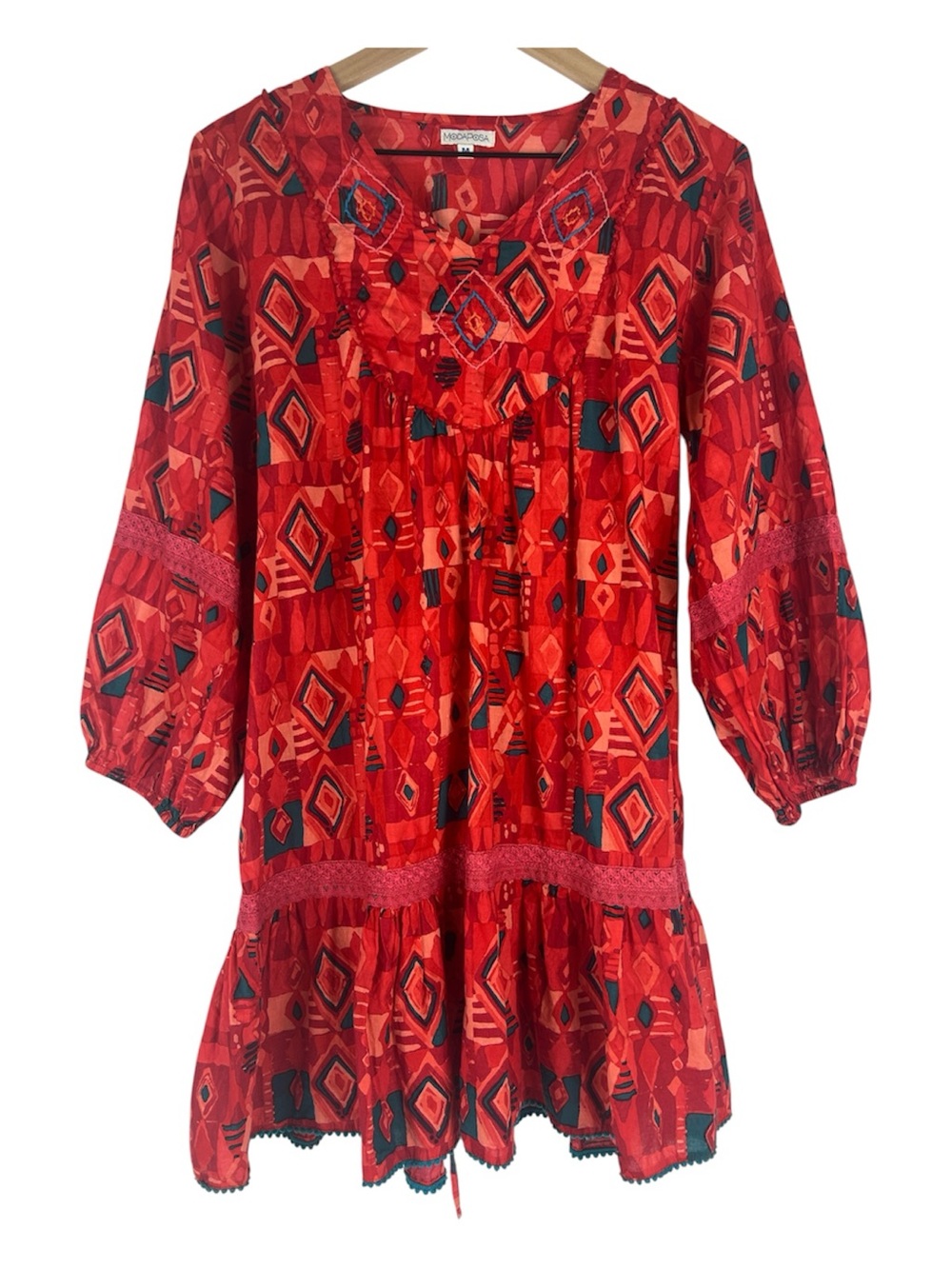 Moda Posa Printed Boho Mini Dress – Red Multi – Embroidered Size Medium